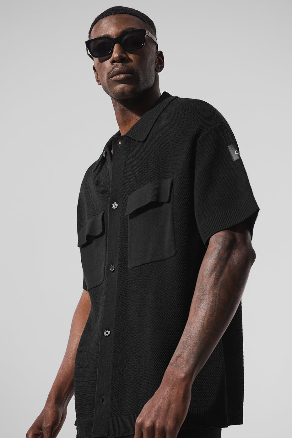 Sports Club Sweater Knit Short Sleeve Button Up - Black